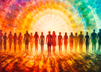 Colorful background in a circle enclosing a group of people who are standing. all these people belong to inner evolution school because they have been able to transcend their spirituality through the classes.